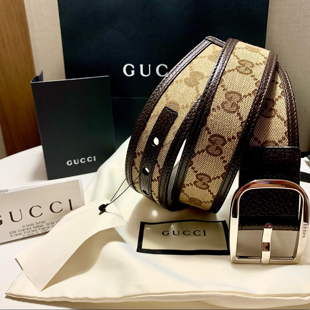 New GUCCI Monogram GG Belt sz 90 Men’s Women’s Brown Tags RECEIPT Cover Bag ❤️